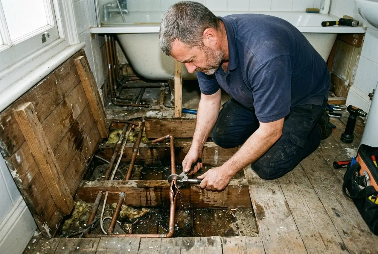 Burst copper pipe being cut out and replaced (burst pipes in London)