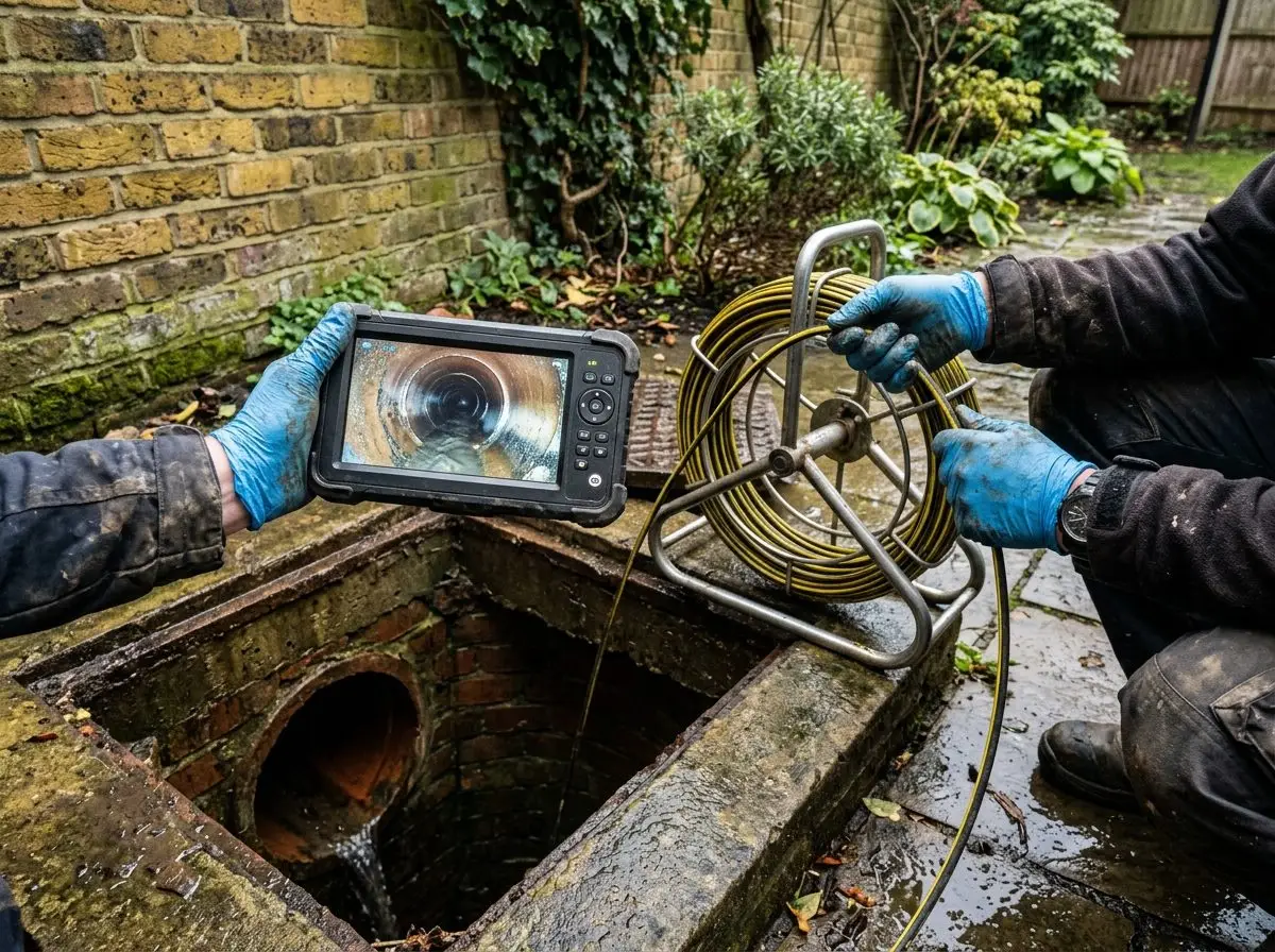 CCTV drain survey camera being fed into a drain