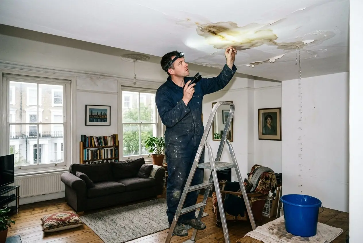 Water leak coming through a ceiling, burst pipes in Kingsbury