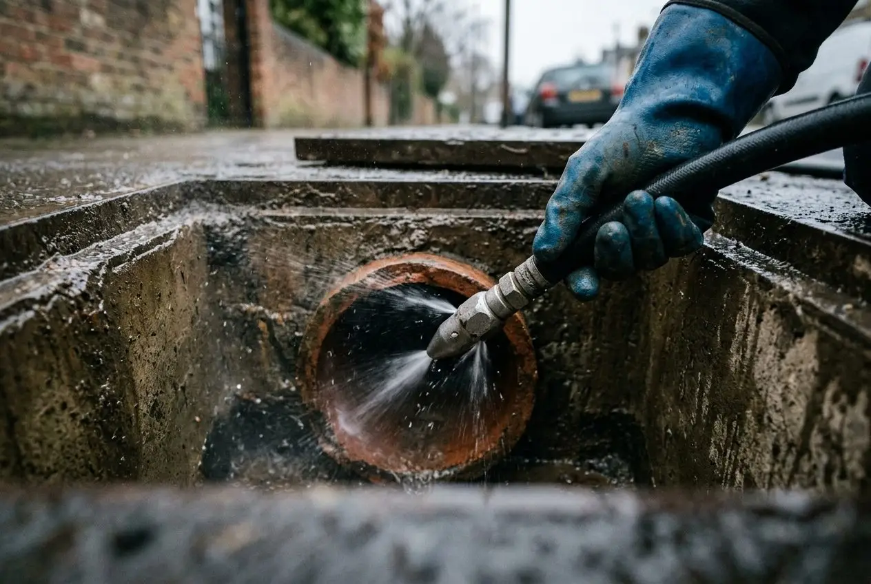 High-pressure drain jetting nozzle clearing a drain