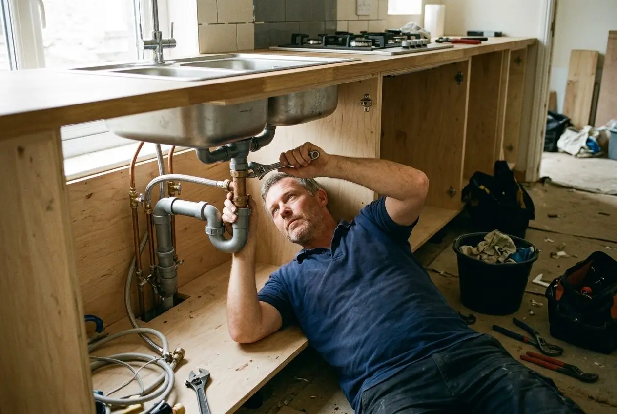 Kitchen sink plumbing being installed
