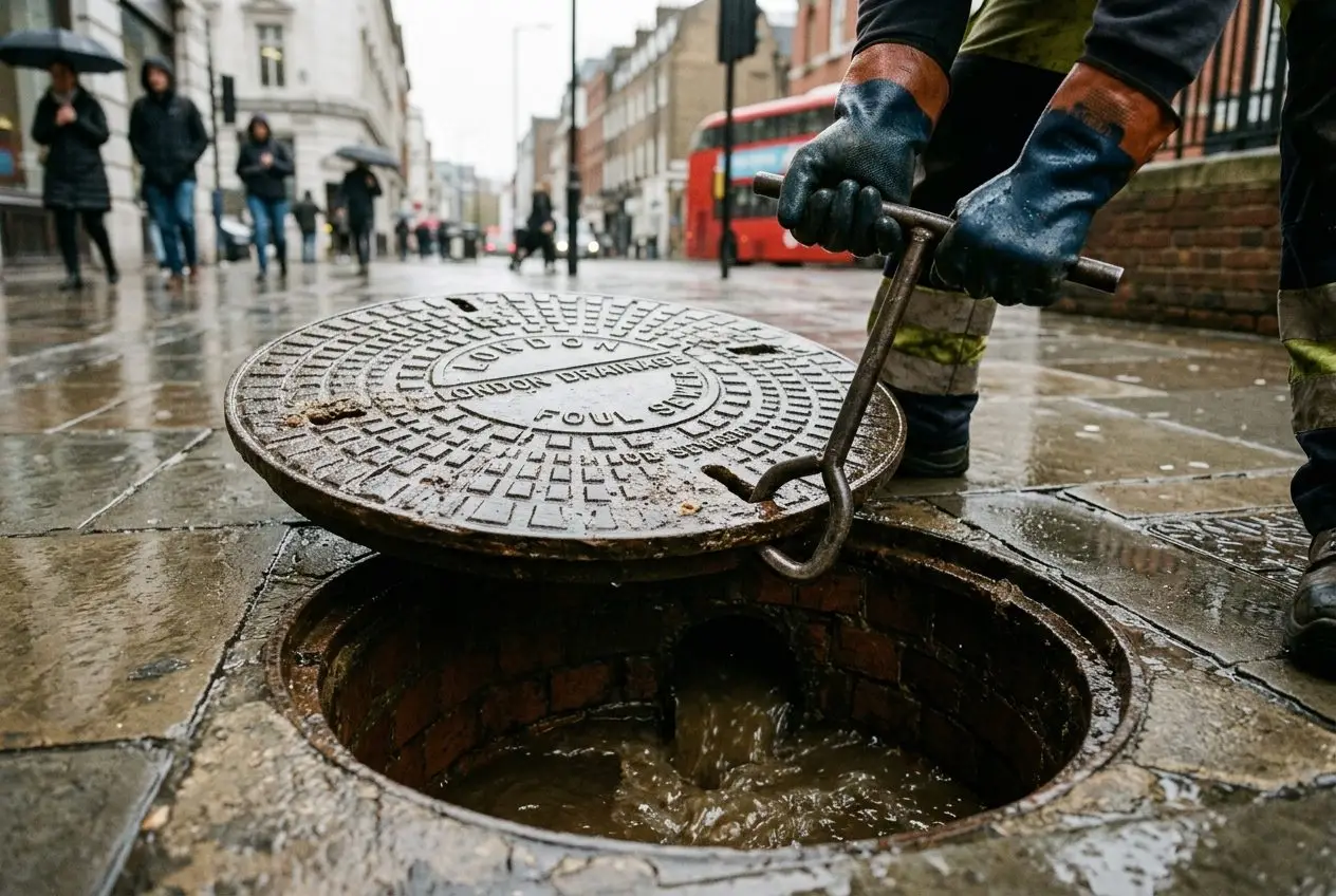 Engineer lifting a manhole cover to check the drain