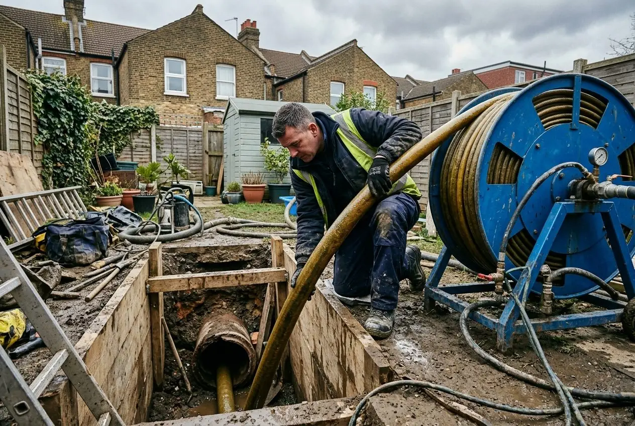 No-dig drain relining liner being installed