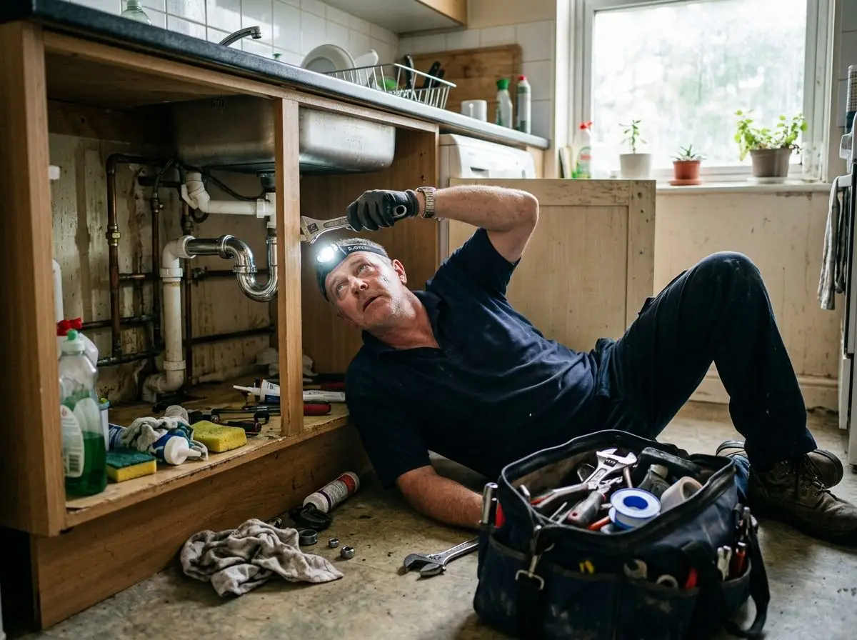 Fixsy plumber repairing a leaking sink waste